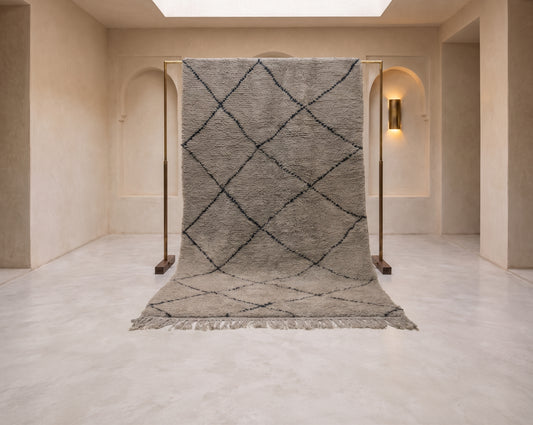 Beni Ourain Pile Rug — Cocoa Field with Charcoal Diamond Lattice