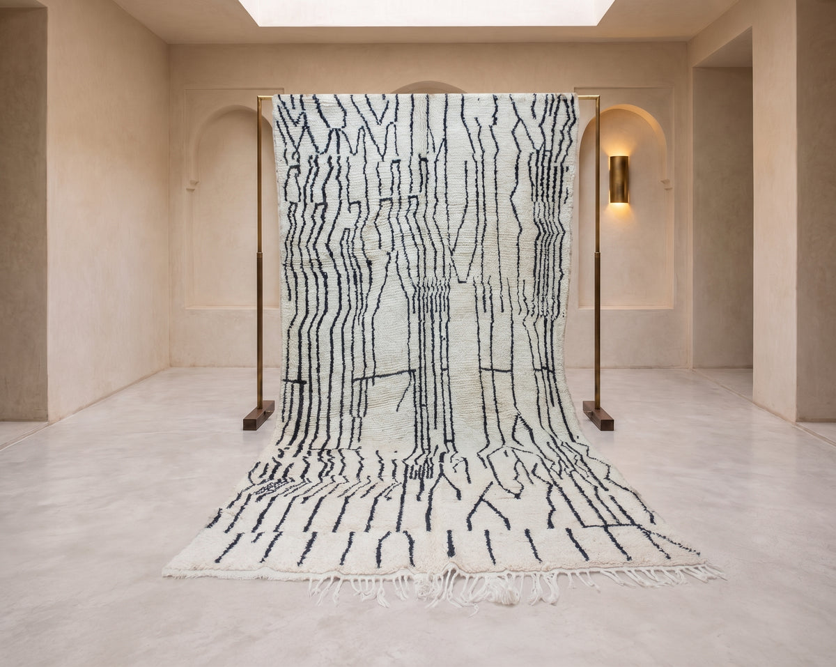 Beni Ourain Pile Rug — “Ink-Line Grove” on Ivory