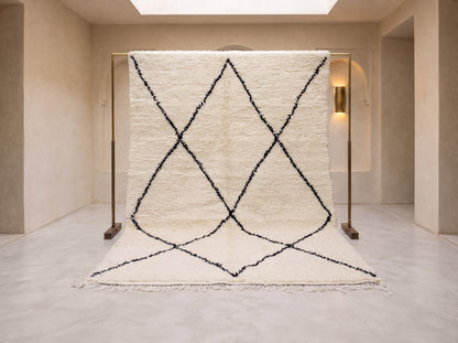 Beni Ourain Pile Rug — Ivory Field with Charcoal Open Lattice