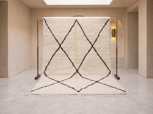 Beni Ourain Pile Rug — Ivory Field with Charcoal Open Lattice