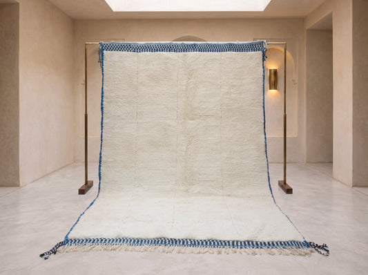 Beni Ourain Pile Rug — Ivory Field with Indigo Check Guard Bands