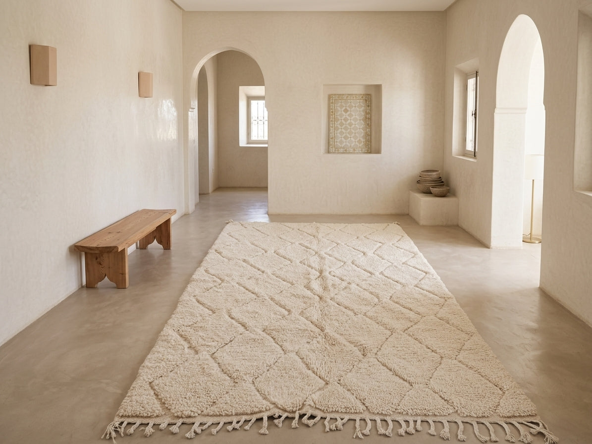 A large cream-colored Moroccan-style area rug with a diamond tufted pattern and fringe, displayed in a minimalist, warm-toned room with a wooden bench and arched doorways.