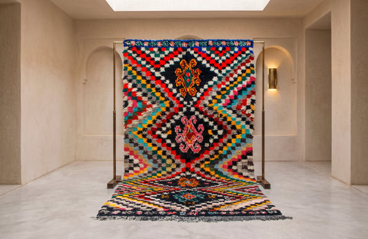 A large, vibrant Moroccan-style woven rug displayed on a wooden stand in a minimalist, warm-toned gallery space. The rug features a complex geometric pattern with multiple colors including red, blue, yellow, green, black, and white.