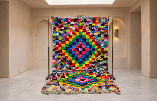 A large, vibrant, multicolored crocheted or knitted rug with a detailed circular mandala pattern, displayed hanging on a wooden frame in a minimalist beige stone hallway.