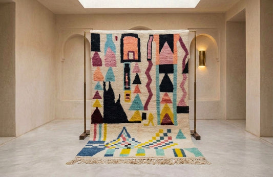 A large woven area rug with a colorful geometric pattern is displayed on a wooden stand in a minimalist, warm-toned interior space. A matching smaller rug is laid out on the floor in front.