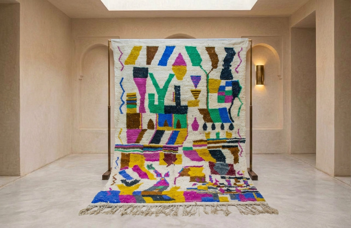 A large woven area rug with a colorful geometric pattern is displayed on a wooden stand in a minimalist beige gallery space.