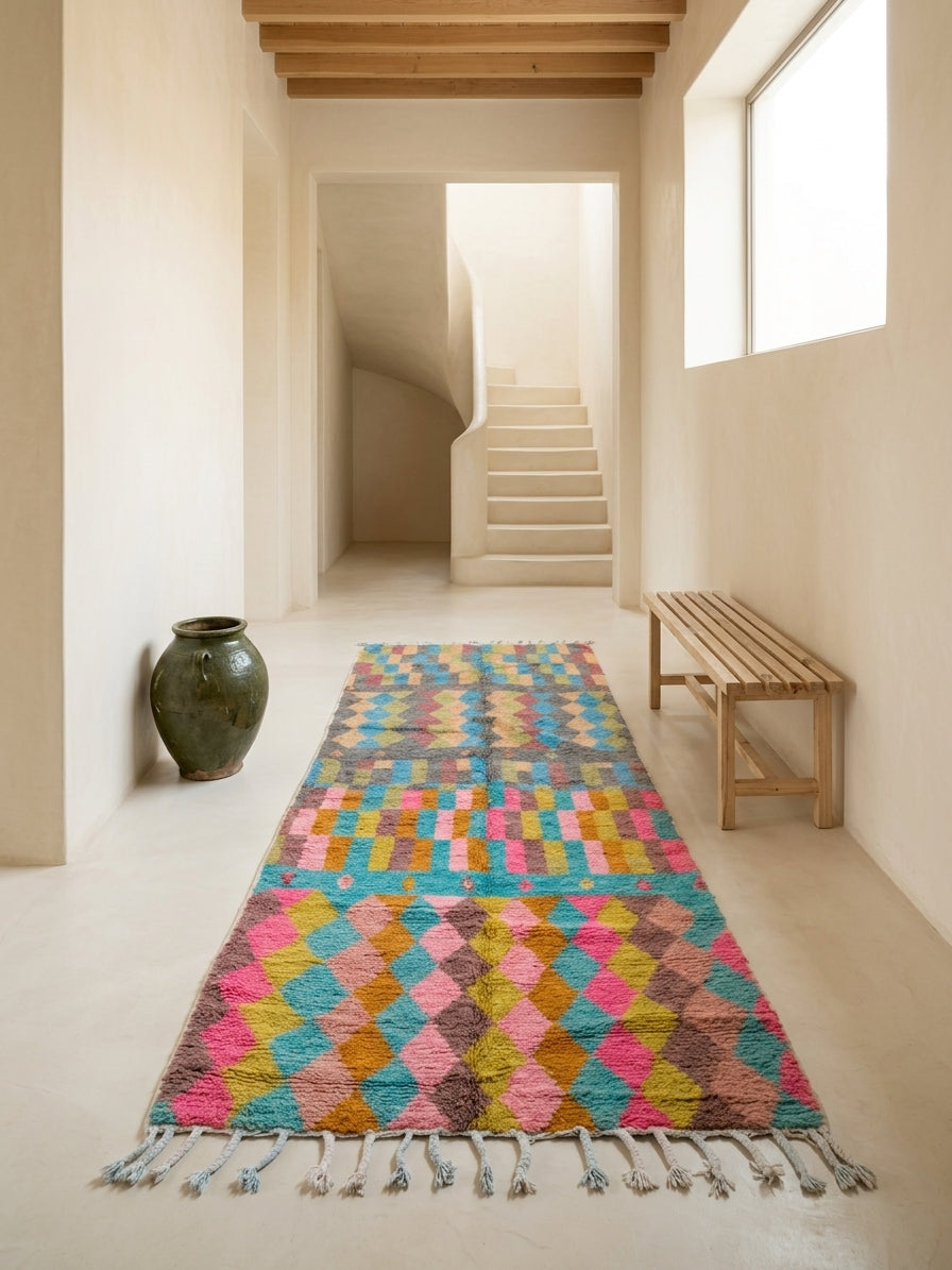 A colorful Moroccan-style woven runner rug with a geometric diamond pattern and fringe, displayed on a light stone floor in a minimalist hallway with a wooden bench and staircase.