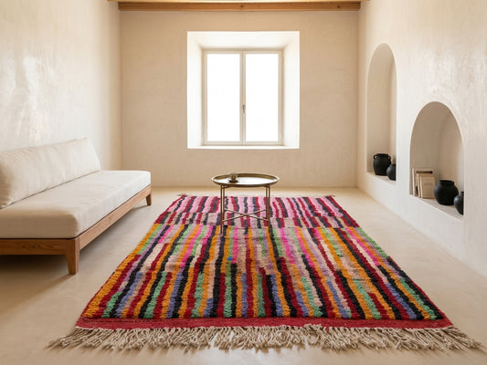 A colorful striped wool area rug with fringe, styled in a bright, minimalist room with a white sofa and a small round table.