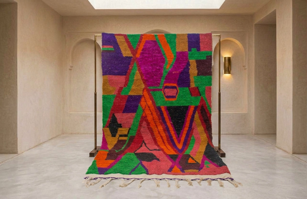 A large abstract patterned rug displayed on a black metal stand in a minimalist beige hallway with arched walls and a marble floor.
