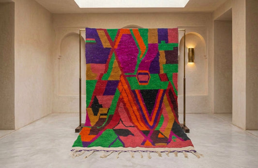 A large abstract patterned rug displayed on a black metal stand in a minimalist beige hallway with arched walls and a marble floor.