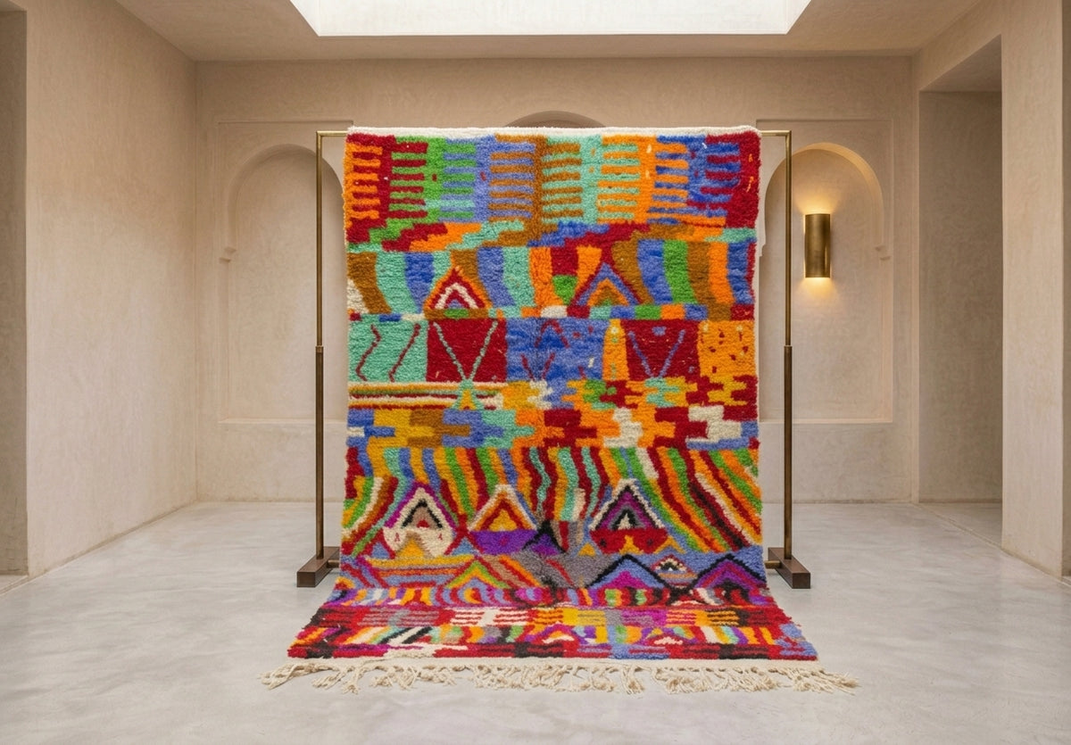 A vibrant, multicolored Moroccan-style woven rug displayed on a wooden stand in a minimalist, warm-toned interior room with beige walls and arches.