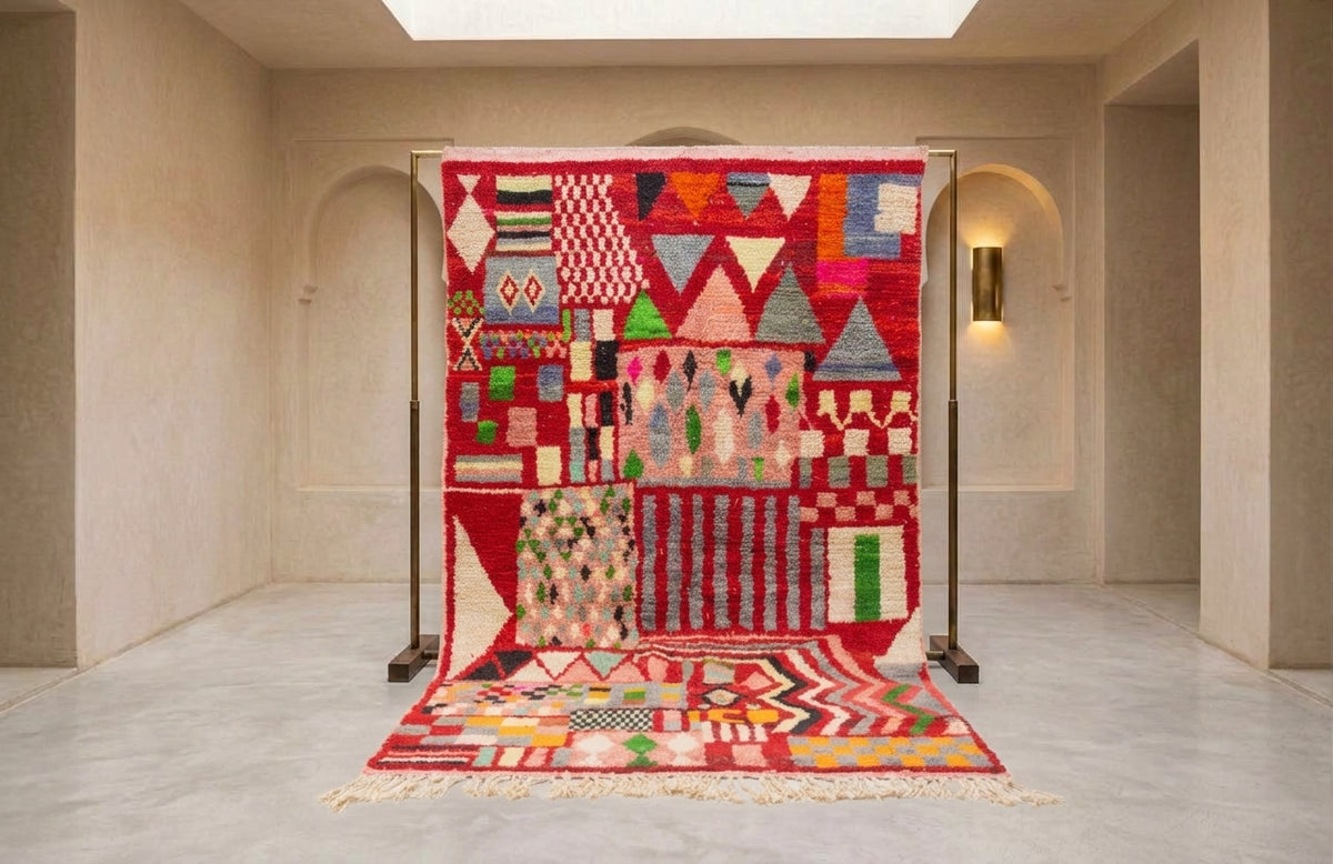 A large Moroccan-style geometric area rug displayed on a black metal stand in a minimalist beige gallery space. The rug features a vibrant patchwork of red, pink, green, blue, and yellow patterns including triangles, diamonds, and stripes, with a cream-colored fringe at the bottom.