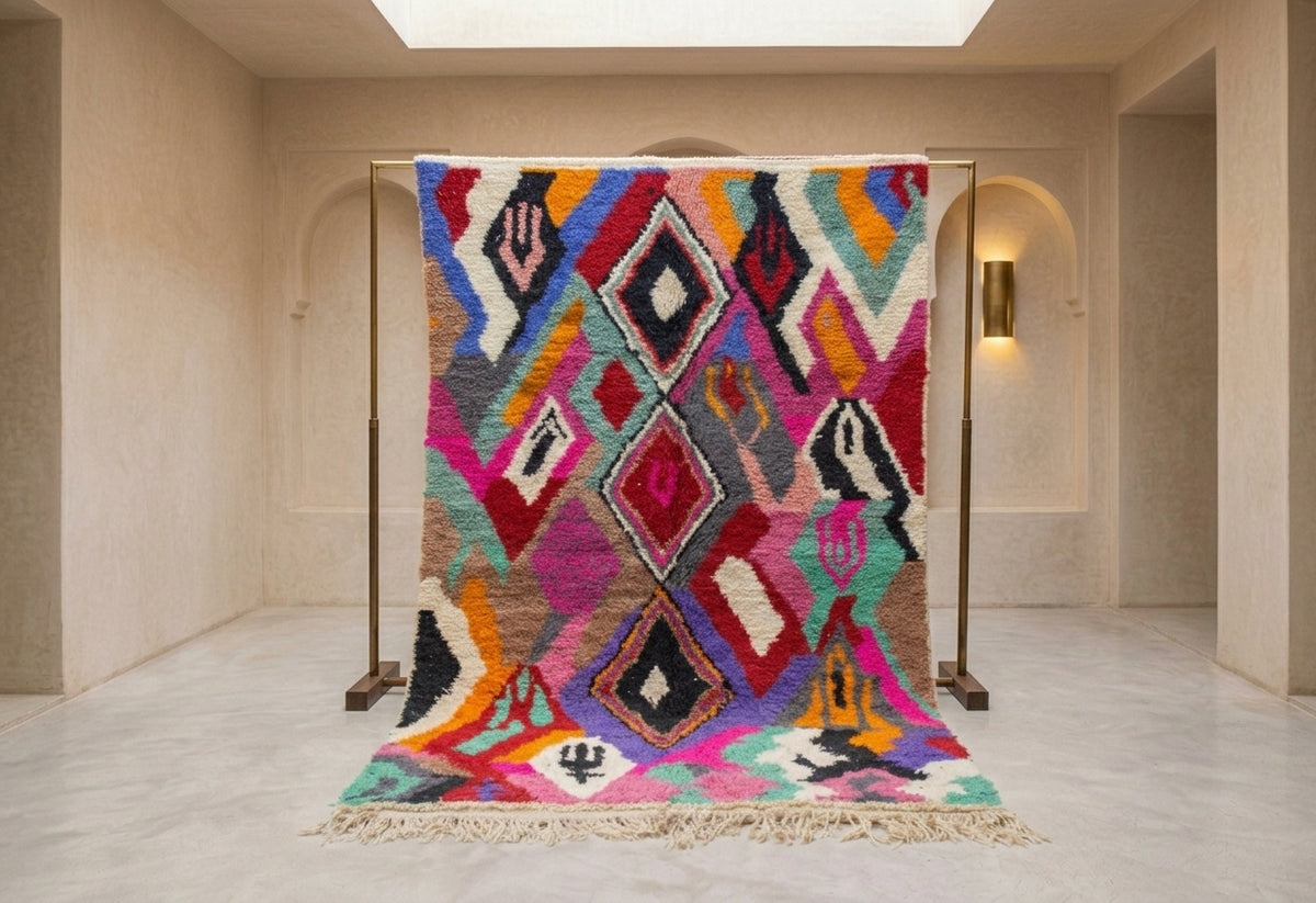 A vibrant Moroccan-style woven rug displayed on a metal stand in a minimalist beige hallway with arched doorways and a skylight.