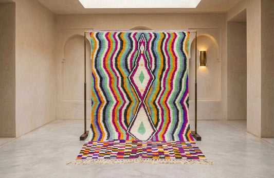 A vibrant, multicolored Moroccan-style woven rug displayed on a black metal stand inside a minimalist beige stone room with arched walls and a skylight.