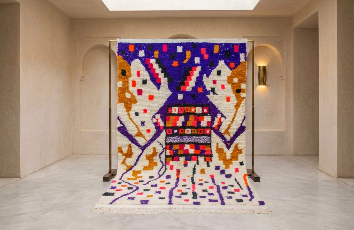A large woven rug displayed on a metal stand in a minimalist gallery space. The rug features a highly colorful, abstract geometric pattern with purple, orange, white, and red elements.