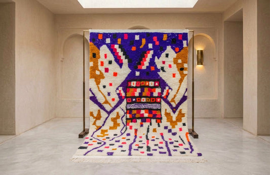 A large woven rug displayed on a metal stand in a minimalist gallery space. The rug features a highly colorful, abstract geometric pattern with purple, orange, white, and red elements.