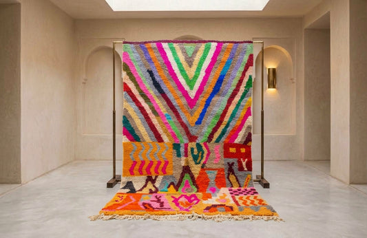 A large, vibrant, multicolored Moroccan-style woven rug displayed on a black metal stand in a minimalist, warm-toned gallery room.