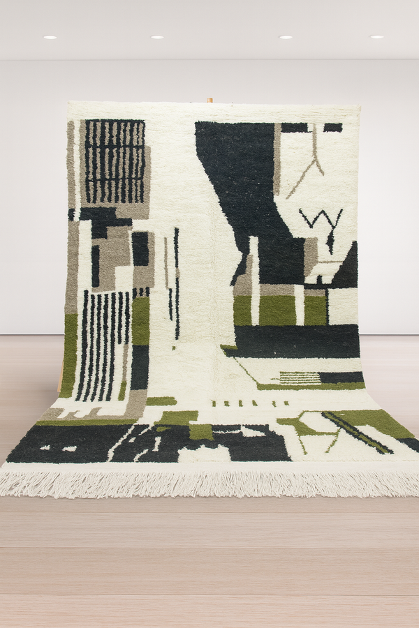 Azilal Pile Rug — Architectonic Blocks in Charcoal, Olive & Ivory