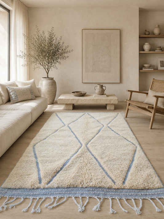 Marmoucha Diamond Relief Rug with Sky Blue Border
