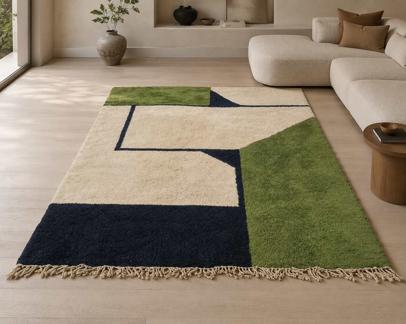 Beni Mrirt Constructivist Field Rug — Olive & Noir Spatial Composition