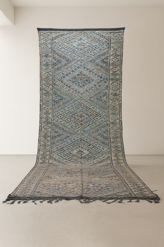 Beni Mguild Henbel Kilim — Celestial Lattice in Indigo and Silver