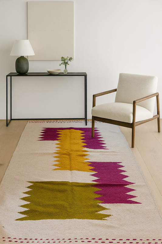 Boujaad–Zanafi Serrated Columns — Saffron, Fuchsia & Olive