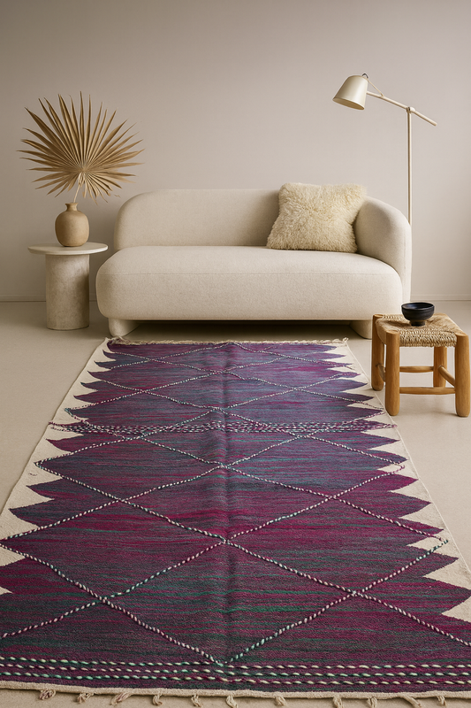 Boujaad–Zanafi Serrated Lattice Kilim — Tyrian Plum Ombre