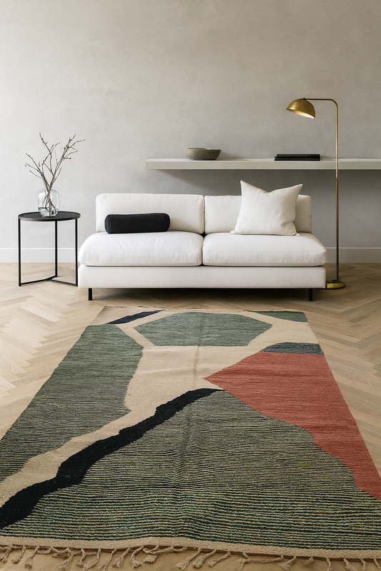 Boujaad–Zanafi Topography Kilim — Sage, Coral & Ink on Sand