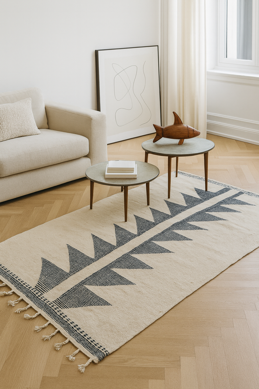 Boujaad–Zanafi Sun-Spine Kilim — Ivory & Indigo Sawtooth