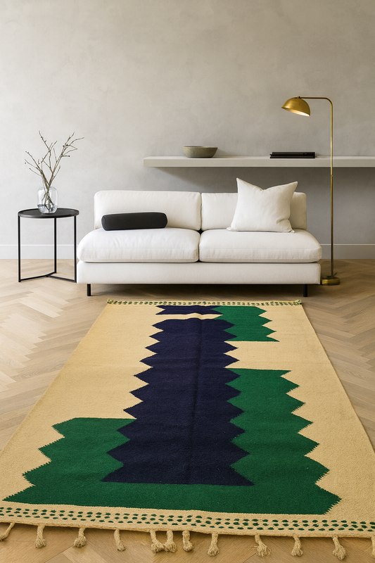 Boujaad–Zanafi Serrated Axis Kilim — Indigo Column & Cedar Flanks on Sand