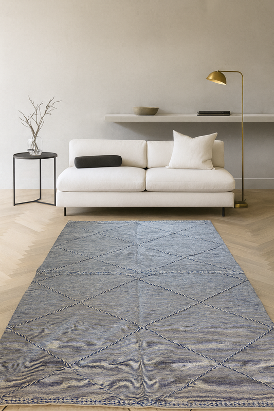 Boujaad–Zanafi Relief Lattice Kilim — Azure & Ivory MarleBoujaad–Zanafi Relief Lattice Kilim — Azure & Ivory Marle