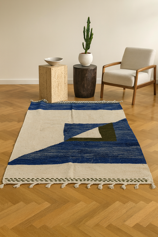 Zanafi Boujaad “Atlas Sail” — Indigo & Olive on Ivory