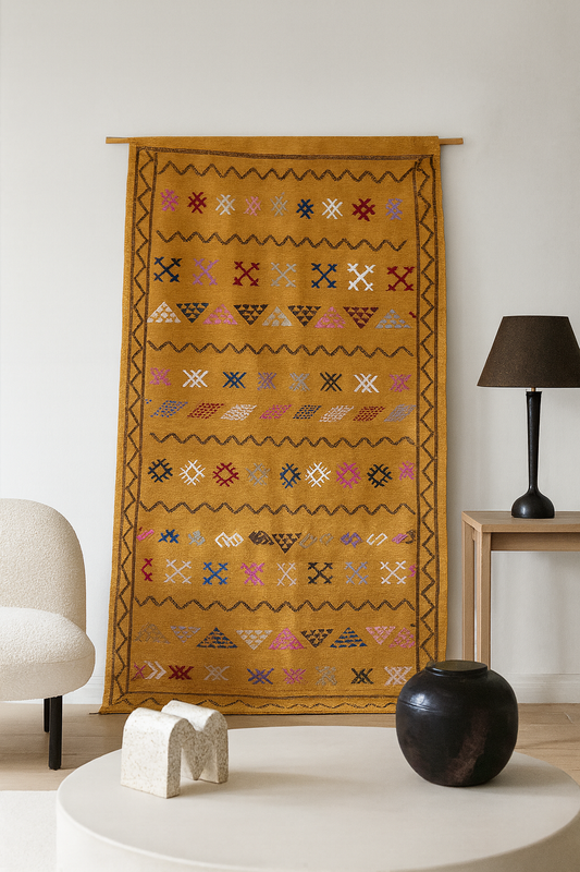Boujaad Kilim Glyph Bands — Saffron Field