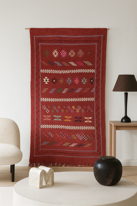 Boujaad Kilim Glyph Bands — Saffron Red Ledger