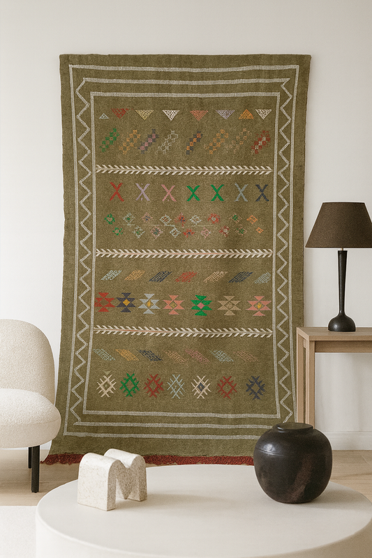 Boujaad Kilim Glyph Ledger — Olive Field