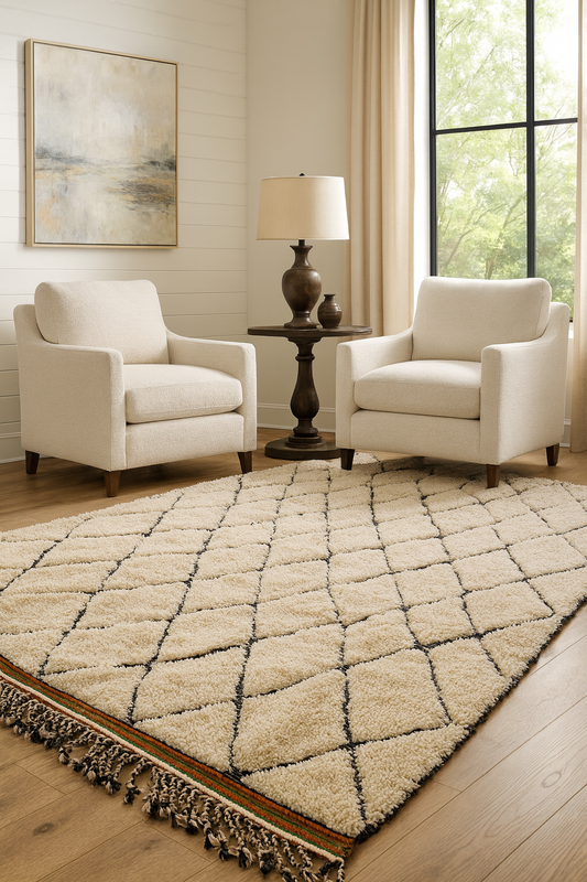 Beni Ourain Relief Lattice — Ivory Wool with Charcoal Outlines