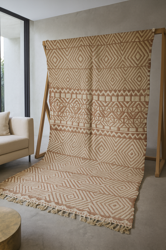 Zanafi Flatweave with Boujaad Influence — Terracotta & Ivory Geometric Wool