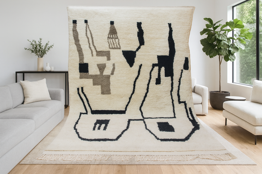 Azilal Abstract Skyline — Ivory Wool with Black & Taupe Motifs