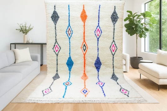 Azilal Vertical Totems — Ivory Wool with Cobalt, Neon Orange & Charcoal