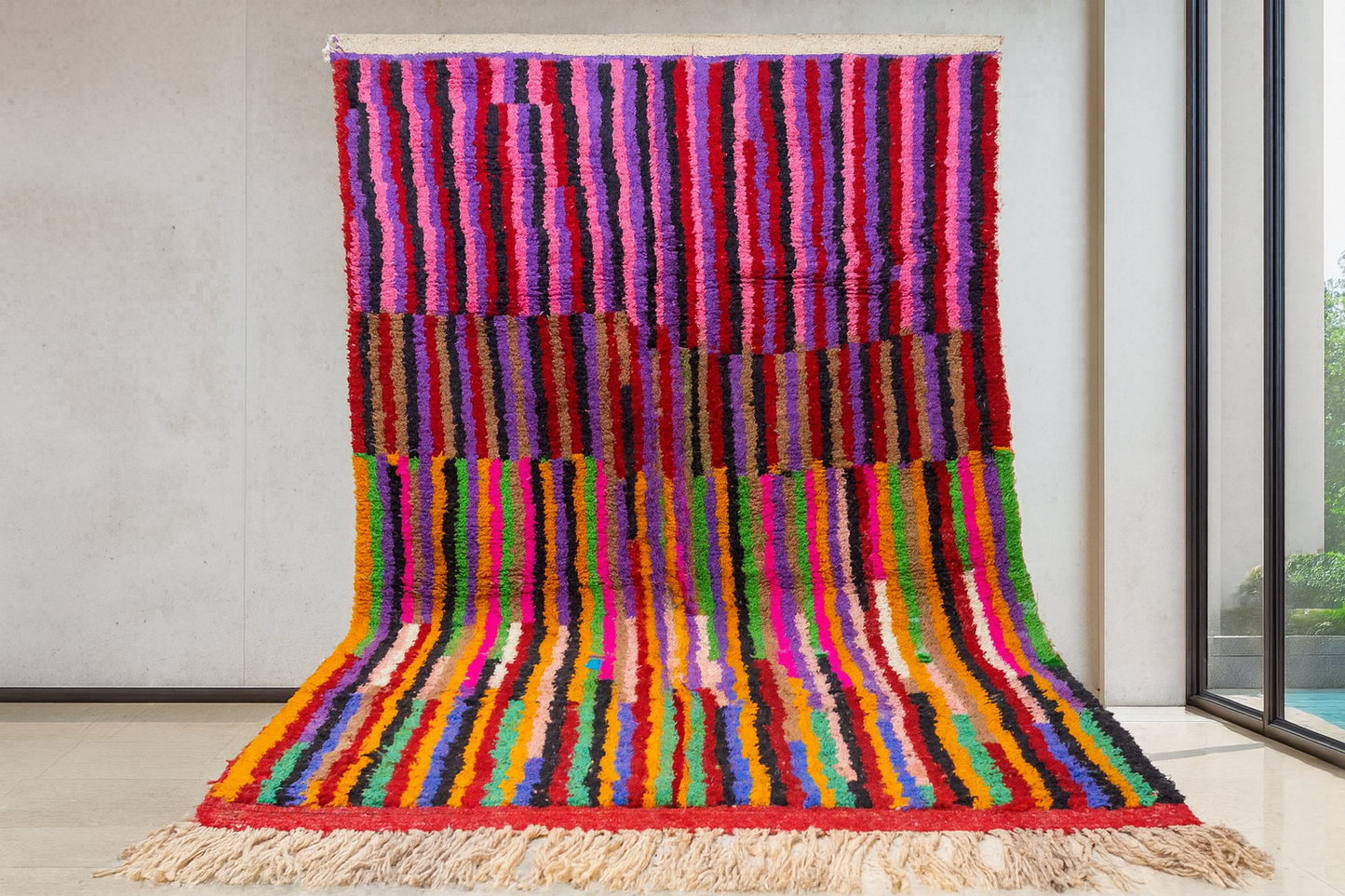 Boujaad Chromatic Rainfall — Multicolor Wool Stripes on Red Ground