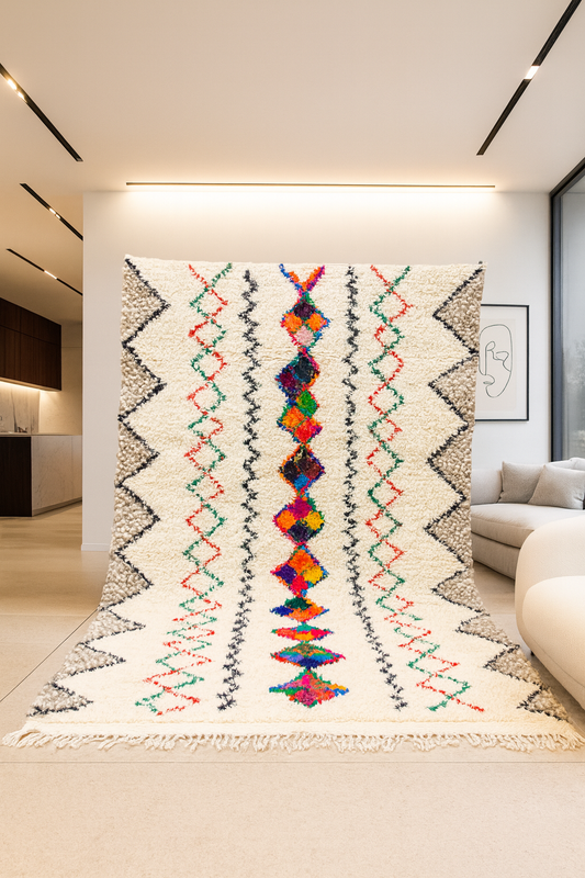 Azilal Pile Rug — Ivory Field with Chromatic Lozenge Axis