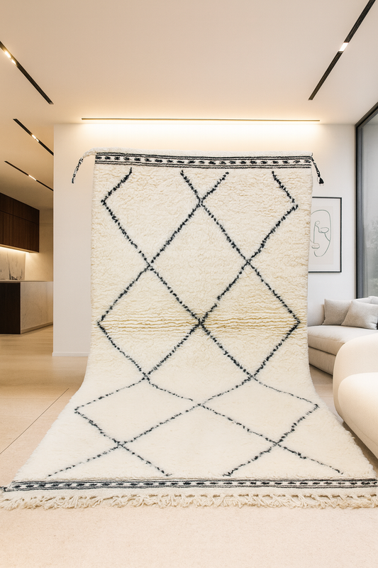 Marmoucha Pile Rug — Ivory Field with Charcoal Lattice