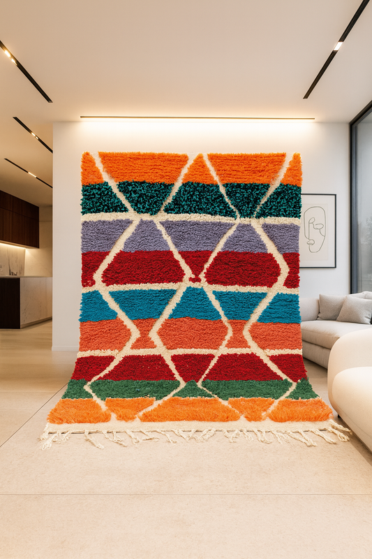 Boujaad Pile Rug — Chromatic Geometric Panels on Ivory Ground