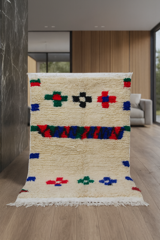 Boujaad Pile Rug — Ivory Field with Polychrome Cross Motifs