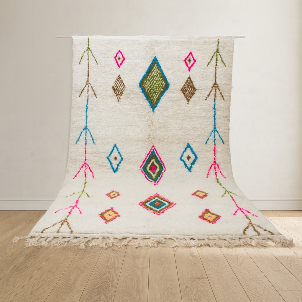 Azilal Pile Rug — Ivory Field with Neon Lozenge Axis & Branch Glyphs