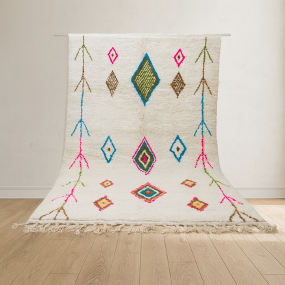Azilal Pile Rug — Ivory Field with Neon Lozenge Axis & Branch Glyphs