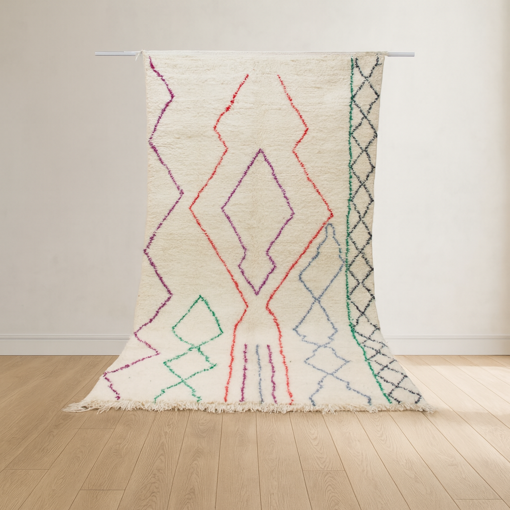 Azilal Pile Rug — Ivory Field with Nested Lozenges & Edge Lattice