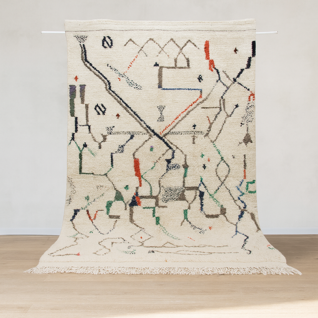 Azilal Pile Rug — Ivory Field with Calligraphic Linework & Atlas Motifs