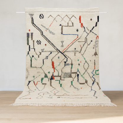 Azilal Pile Rug — Ivory Field with Calligraphic Linework & Atlas Motifs