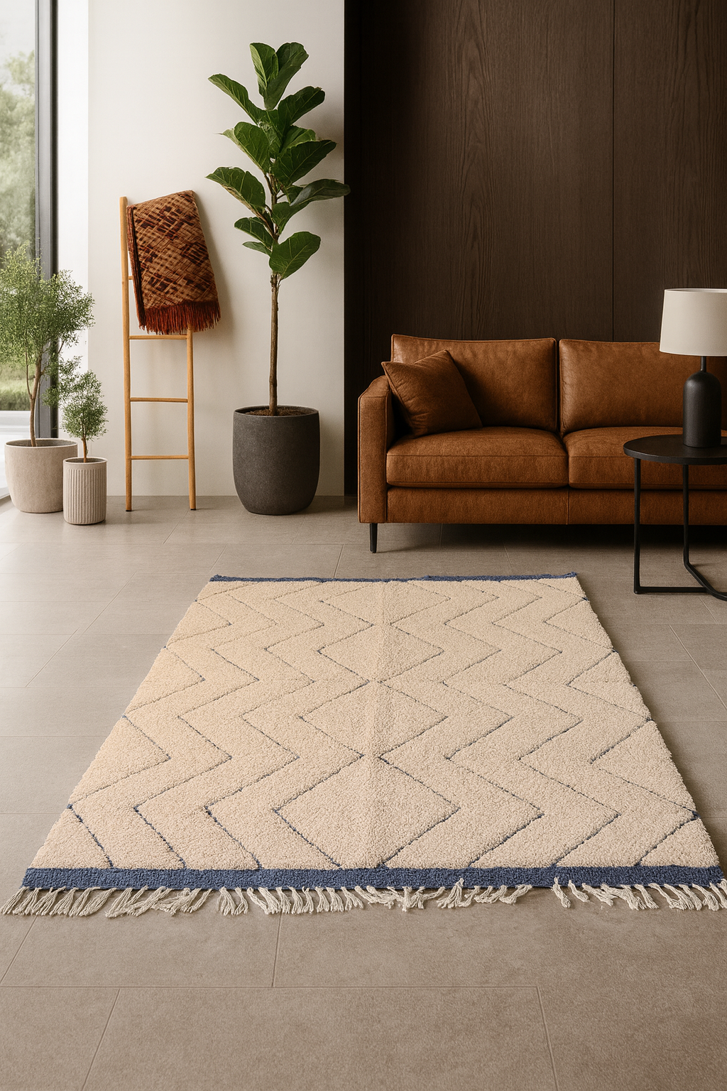 Marmoucha Pile Rug — Ivory Field with Indigo Chevron Lattice & Guard Bands